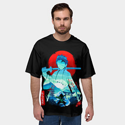 Футболка оверсайз мужская Танджиро Комадо Силуэт Клинок рассекающий демонов, цвет: 3D-принт — фото 2