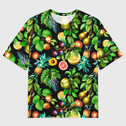 Футболка оверсайз мужская Сочные фрукты - персик, груша, слива, ананас, цвет: 3D-принт
