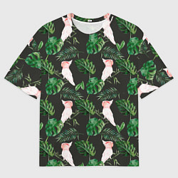 Футболка оверсайз мужская Белые попугаи и листья, цвет: 3D-принт