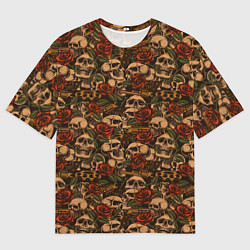 Мужская футболка оверсайз Черепа с оружием и розами