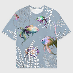 Футболка оверсайз мужская Разноцветные акварельные рыбки и белые водоросли, цвет: 3D-принт