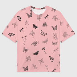 Мужская футболка оверсайз Цветочки и бабочки на розовом фоне