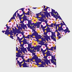Мужская футболка оверсайз Цветы Разноцветные Гибискус и Ирисы На Синем Фоне
