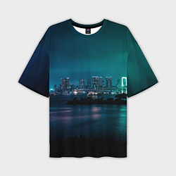 Мужская футболка оверсайз Неоновый город с рекой - Светло-зелёный