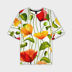Мужская футболка оверсайз Волнообразный узор из цветков мака Лето