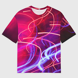 Футболка оверсайз мужская Неоновые линии и фонари - Красный, цвет: 3D-принт