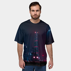 Футболка оверсайз мужская Неоновый ночной город - Тёмно-розовый, цвет: 3D-принт — фото 2
