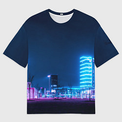 Футболка оверсайз мужская Неоновый ночной город - Светло-синий, цвет: 3D-принт