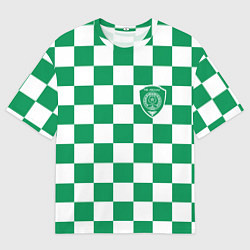 Мужская футболка оверсайз ФК Ахмат на фоне бело зеленой формы в квадрат