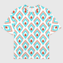 Мужская футболка оверсайз Бирюзовые с рыжим неоновые абстрактные ромбы