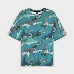 Мужская футболка оверсайз Ныряльщики и акулы - паттерн