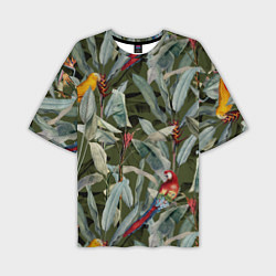 Мужская футболка оверсайз Попугаи и Цветы Зелёные Джунгли