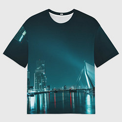Футболка оверсайз мужская Неоновый мост и город - Светло-синий, цвет: 3D-принт