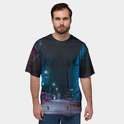 Футболка оверсайз мужская Неоновая пустая улица города - Синий, цвет: 3D-принт — фото 2