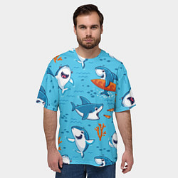 Футболка оверсайз мужская Прикольные акулята - паттерн, цвет: 3D-принт — фото 2