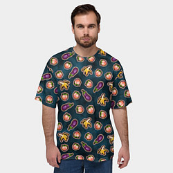 Футболка оверсайз мужская Баклажаны персики бананы паттерн, цвет: 3D-принт — фото 2