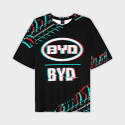 Мужская футболка оверсайз Значок BYD в стиле glitch на темном фоне