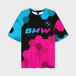 Футболка оверсайз мужская BMW - neon gradient: символ сверху, цвет: 3D-принт