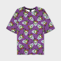 Мужская футболка оверсайз Сахарные черепа на фиолетовом паттерн