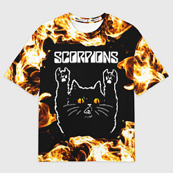 Футболка оверсайз мужская Scorpions рок кот и огонь, цвет: 3D-принт