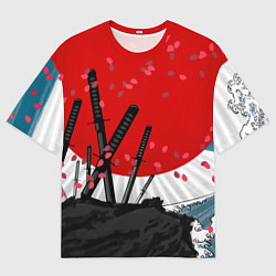 Мужская футболка оверсайз Солнце, волны и катаны