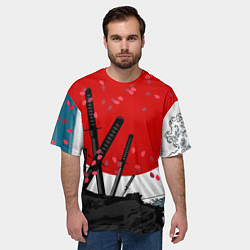Футболка оверсайз мужская Солнце, волны и катаны, цвет: 3D-принт — фото 2