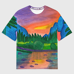 Футболка оверсайз мужская Закат на реке, цвет: 3D-принт