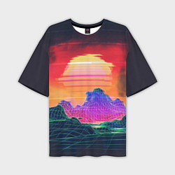 Мужская футболка оверсайз Синтвейв неоновые горы на закате