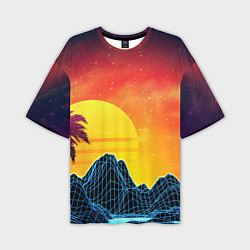 Мужская футболка оверсайз Тропический остров на закате ретро иллюстрация