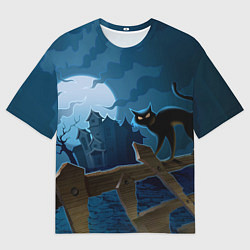 Мужская футболка оверсайз Хэллоуин - чёрный кот на заборе