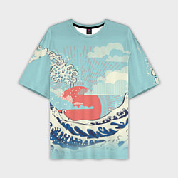 Мужская футболка оверсайз Морской пейзаж с большими волнами на закате