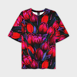 Мужская футболка оверсайз Тюльпаны - поле красных цветов