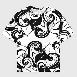 Футболка оверсайз мужская Черные волнистые узоры на белом, цвет: 3D-принт