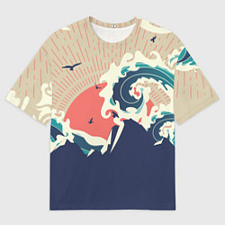 Футболка оверсайз мужская Большая океанская волна и силуэт пустынного остров, цвет: 3D-принт