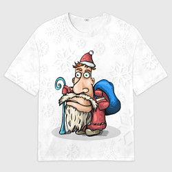 Футболка оверсайз мужская Дед Мороз спешит с подарками на фоне снежинок, цвет: 3D-принт