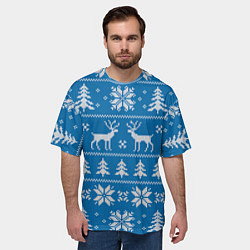 Футболка оверсайз мужская Рождественский синий свитер с оленями, цвет: 3D-принт — фото 2