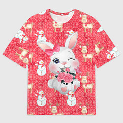 Футболка оверсайз мужская Новый год - зайка с цветами, цвет: 3D-принт
