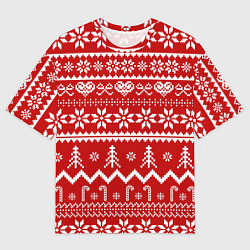 Футболка оверсайз мужская Новогодний узор на красном фоне, цвет: 3D-принт