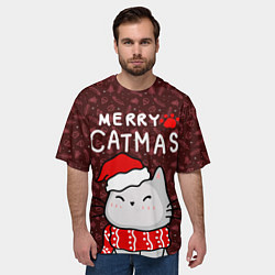 Футболка оверсайз мужская Котик в новогодней шапочке - 2023, цвет: 3D-принт — фото 2