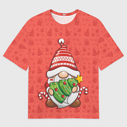 Футболка оверсайз мужская Новогодний гномик с елкой, цвет: 3D-принт