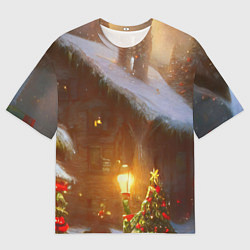 Футболка оверсайз мужская Cельский коттедж, засыпанный снегом, цвет: 3D-принт