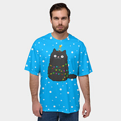 Футболка оверсайз мужская Котоёлочка - на фоне снегопада, цвет: 3D-принт — фото 2