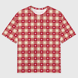 Футболка оверсайз мужская Белые звезды на бежево-красной клетке, цвет: 3D-принт