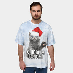 Футболка оверсайз мужская С Новым годом - котик, цвет: 3D-принт — фото 2