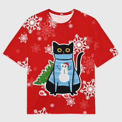Футболка оверсайз мужская Котик в свитере с ёлочкой, цвет: 3D-принт