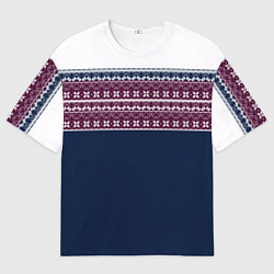 Мужская футболка оверсайз Скандинавский орнамент на синем, бордовом фоне