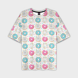 Мужская футболка оверсайз Разноцветные пончики с серым зайцем