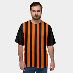Футболка оверсайз мужская Полосатый узор в красных оранжевых тонах на черном, цвет: 3D-принт — фото 2