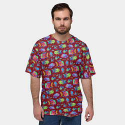 Футболка оверсайз мужская Тропические рыбки на бордовом, цвет: 3D-принт — фото 2
