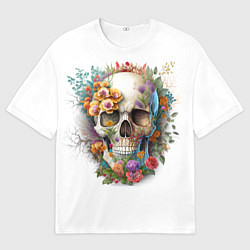 Футболка оверсайз мужская Череп украшенный растениями и цветами, цвет: 3D-принт